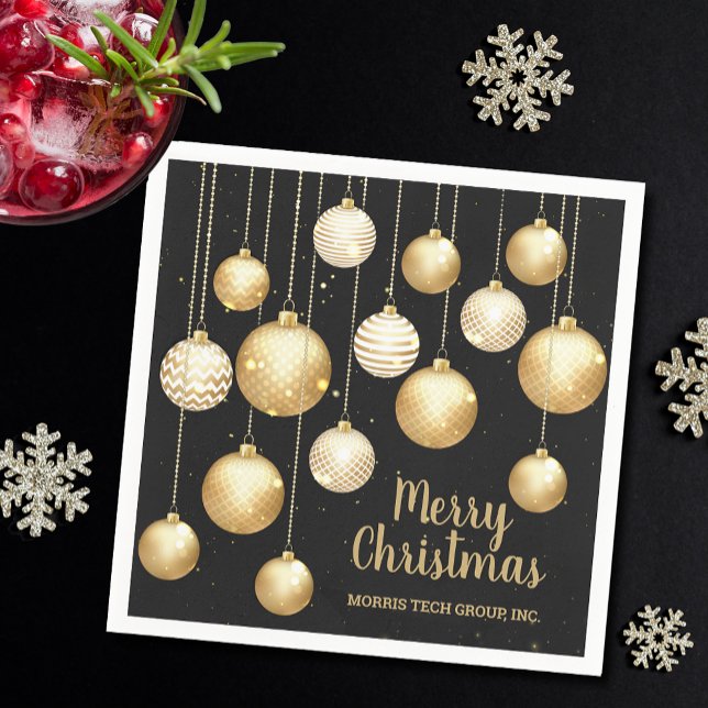 Guardanapo De Papel Gold Baubles Christmas Ornaments on Black Party (Gold and white Christmas tree ornaments on black holiday party cocktail napkins)