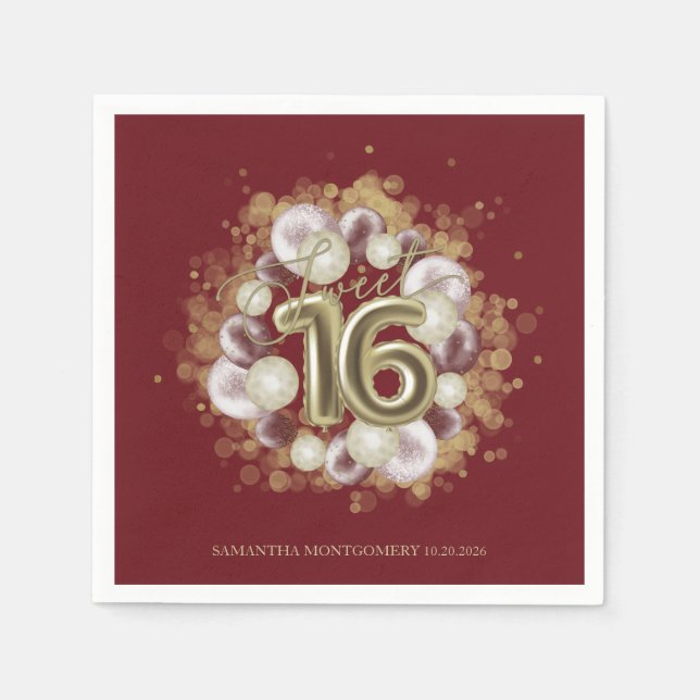 Guardanapo De Papel Gold Foil Sweet 16 Bday Balloons Party Burgundy (Frente)