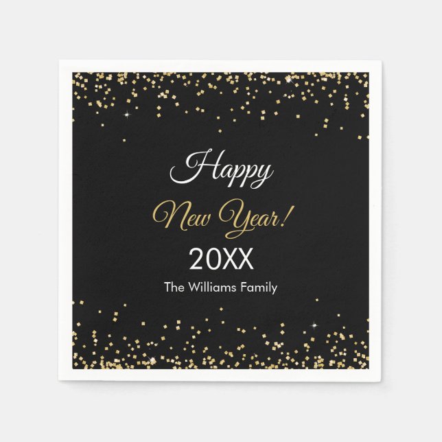 Guardanapo De Papel Gold Glitter Happy New Year Black Party (Frente)