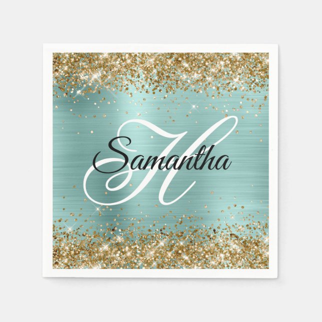 Guardanapo De Papel Gold Glitter Pale Turquoise Foil Monogram (Frente)