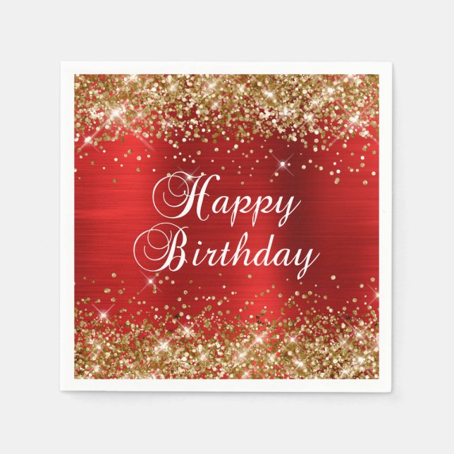 Guardanapo De Papel Gold Glitter Red Foil Happy Birthday (Frente)