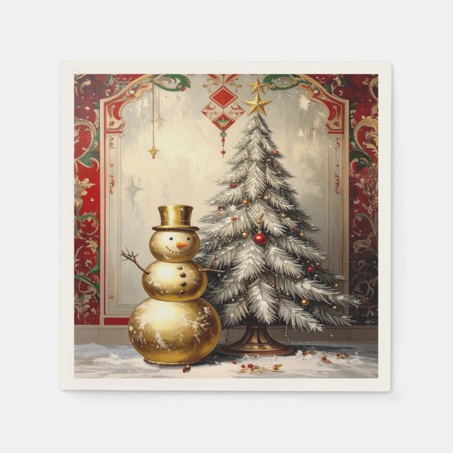 Guardanapo De Papel Gold Snowman Christmas Tree Holiday Napkin (Frente)