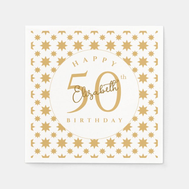 Guardanapo De Papel Gold Stars 50th Birthday Custom Name  (Frente)