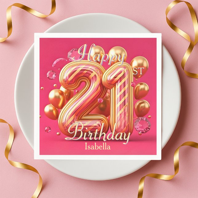 Guardanapo De Papel Golden Pink Glam Chic 21st Birthday Balloons (Criador carregado)