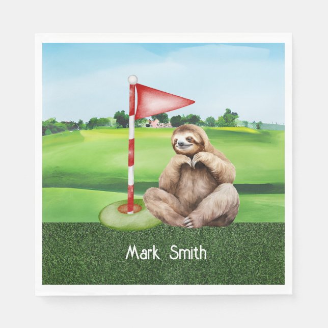 Guardanapo De Papel Golfe Sloth Golfer com grama verde (Frente)