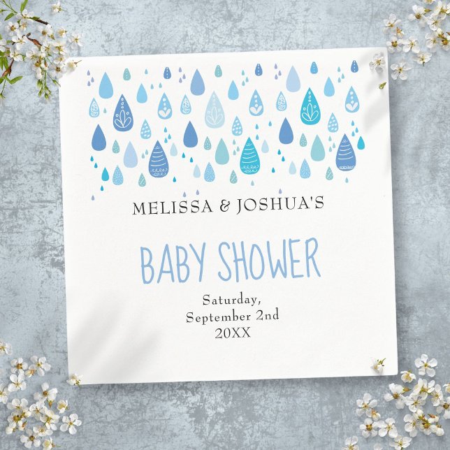 Guardanapo De Papel Gotas de Chuva Azuis Fofas Chás de Bebê Casais (Cute Blue Raindrops Couples Baby Shower Sprinkle Napkins)