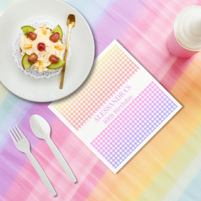 Guardanapo De Papel Gradiente Gingham Pink Yellow Pastel Aniversário (Criador carregado)