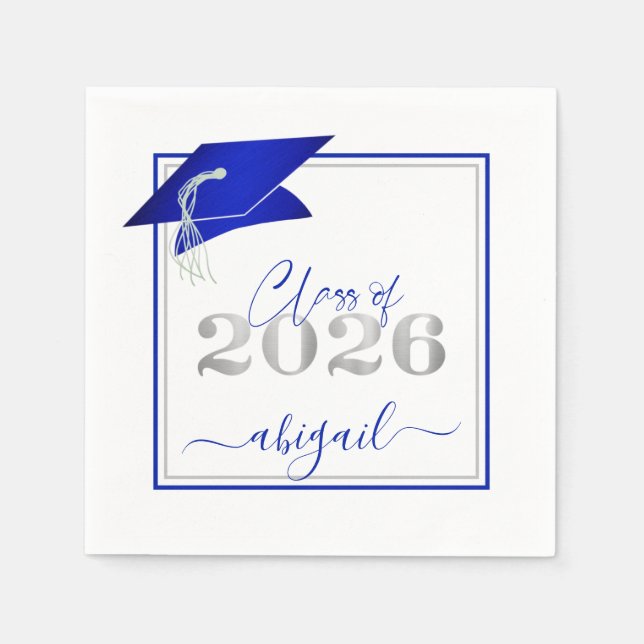 Guardanapo De Papel Graduação 2025 Faux Silver Real Azul Metálico (Frente)