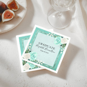 Guardanapo De Papel Graduação Azul-turquesa e Prata Chic Floral de Gra