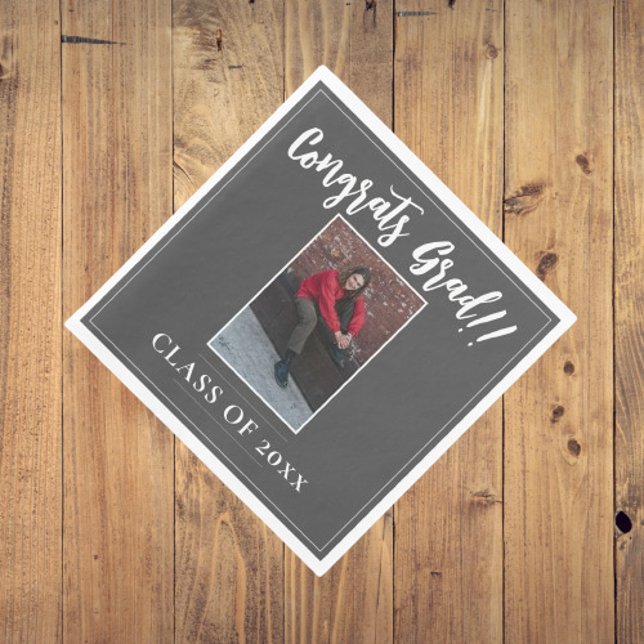 Guardanapo De Papel Graduação de fotos minimalista | CINZAS (Gray Minimalist Photo Graduation Party Napkins)