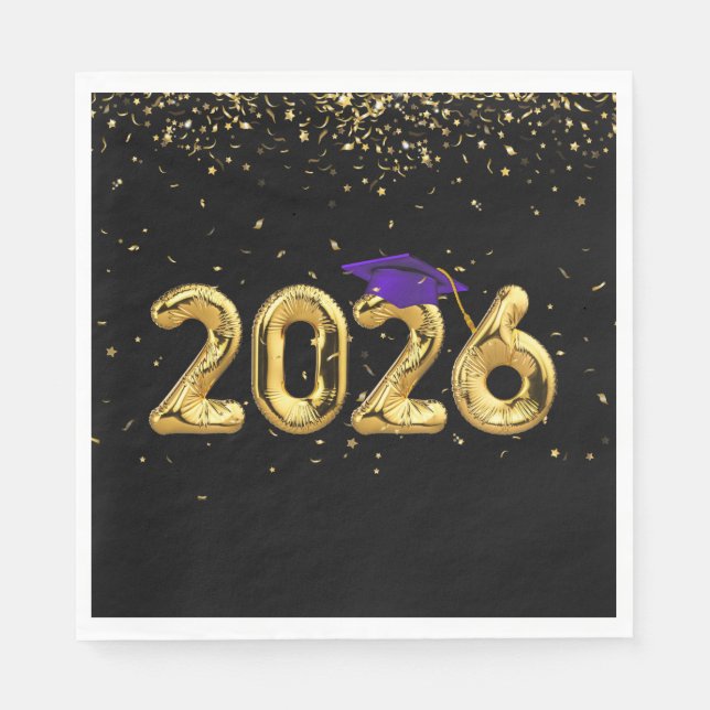 Guardanapo De Papel Graduation 2026 Gold Balloons and Purple Cap (Frente)