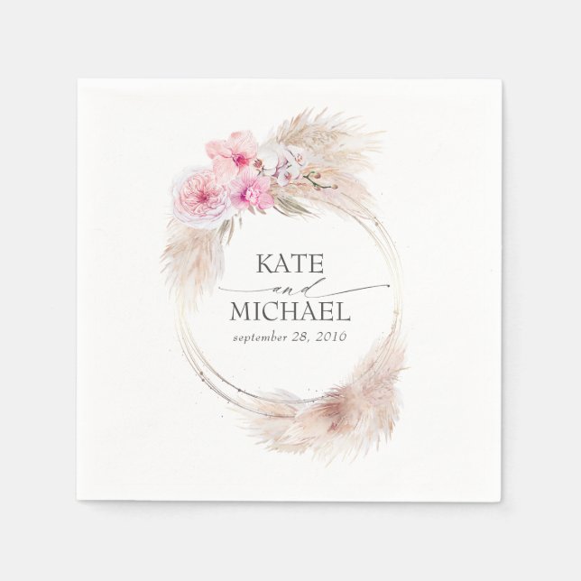 Guardanapo De Papel Grama das Pampas e Orquídeas Rosa Floral Tropical (Frente)