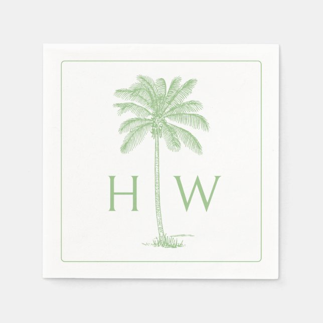 Guardanapo De Papel Green and White Palm Palmetto Tree Monogram (Frente)