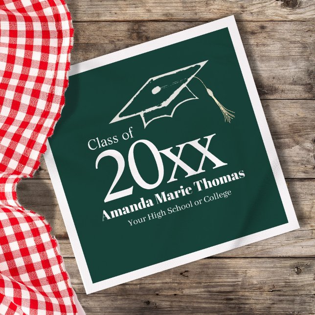 Guardanapo De Papel Green Graduation Script Name Class Year Design (Green graduation napkin styled with coffee cup, custom name and class year design)