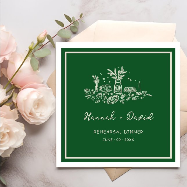 Guardanapo De Papel  Green Hand Drawn Modern Rehearsal Dinner Wedding (Criador carregado)
