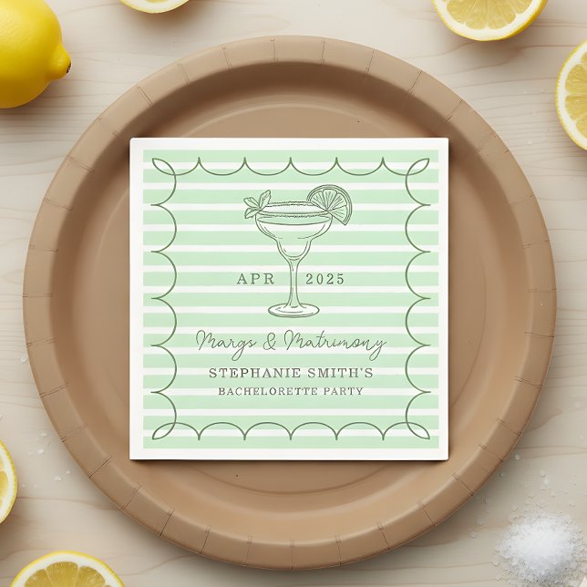 Guardanapo De Papel Green Margs and Matrimony Bachelorette Party  (Set the tone for a lively pre-wedding celebration with this mint green “Margs & Matrimony” design.)