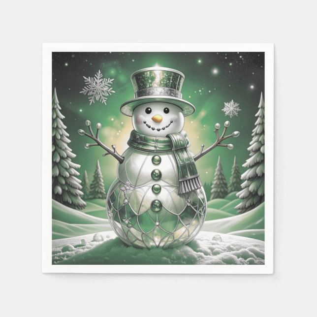 Guardanapo De Papel Green Snowman Snowflakes Holiday Napkin (Frente)