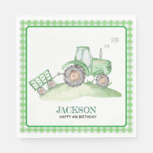 Guardanapo De Papel Green Tractor birthday napkins checkered gingham (Frente)