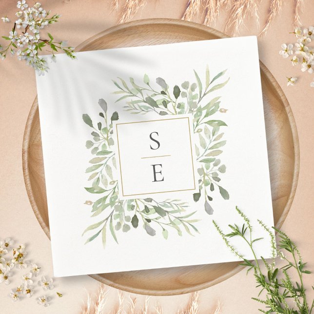 Guardanapo De Papel Greenerage Foliage Dourado Monograma Casamento Nap (Greenery Foliage Gold Monogram Wedding Napkins)