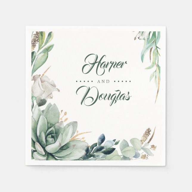 Guardanapo De Papel Greenerescência e Dourado Casamento Botânico Elega (Frente)
