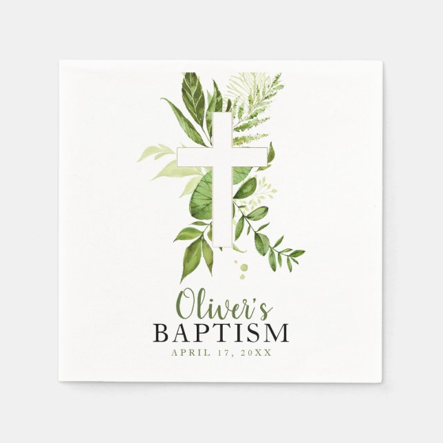 Guardanapo De Papel Greenery Cross Boy Baptism (Frente)