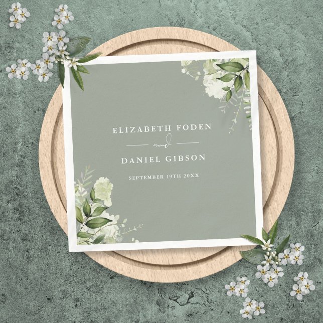 Guardanapo De Papel Greenery Floral Elegant Names Date Sage Green (Greenery Floral Elegant Names Date Sage Green Napkins)
