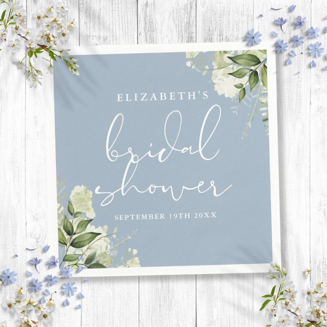 Guardanapo De Papel Greenery Floral Elegante Dusty Chá de panela Azul (Greenery Floral Elegant Dusty Blue Bridal Shower Napkins)