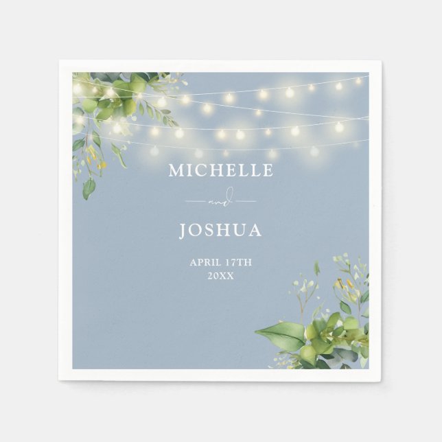 Guardanapo De Papel Greenery Floral String Luz Azul Dusty Casamento (Frente)