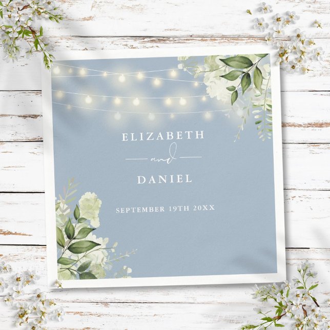 Guardanapo De Papel Greenery Floral String Luz Azul Dusty Casamento (Greenery Floral String Lights Dusty Blue Wedding Napkins)