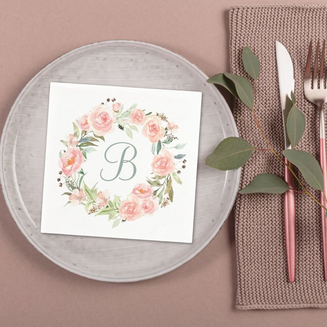 Guardanapo De Papel Grinalda de Flores Rosa Pastel Monogramada (In situ Wedding reception)