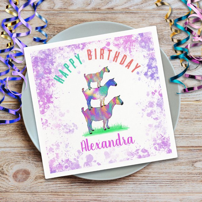 Guardanapo De Papel Grupo Personalizado de Aniversários de criança Col (Cute goats colorful farm animal art personalized happy birthday party paper plates)