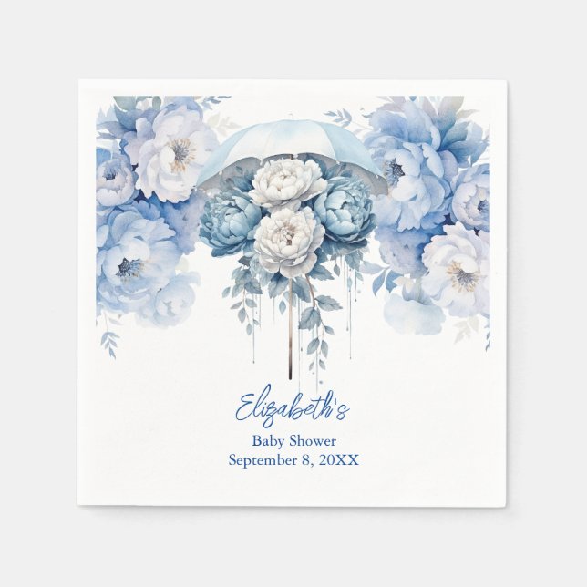 Guardanapo De Papel Guarda-chuva Floral Azul Branco Baby Shower (Frente)