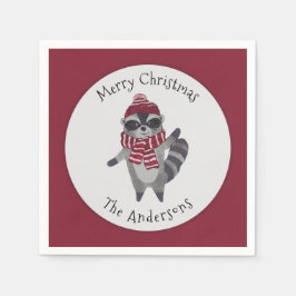 Guardanapo De Papel Guaxinim de Natal em Aquarela Cinza e Vermelho Fof