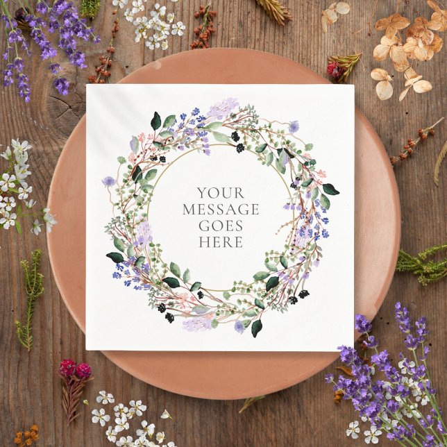Guardanapo De Papel Guirlanda de folhagem verde com flores de lavanda (Lavender Floral Greenery Foliage Garland Napkins)