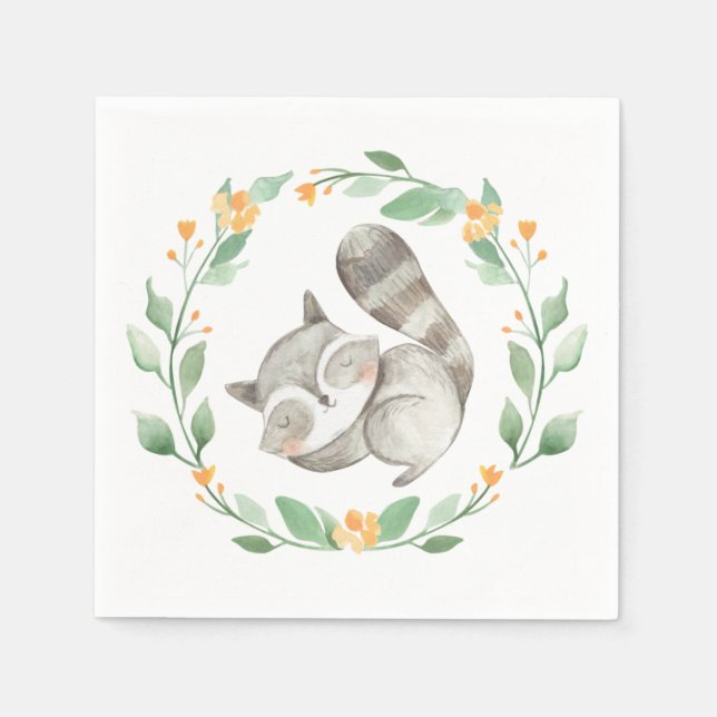 Guardanapo De Papel Guirlanda de Verde com Mapache Dormindo em Aquarel (Frente)