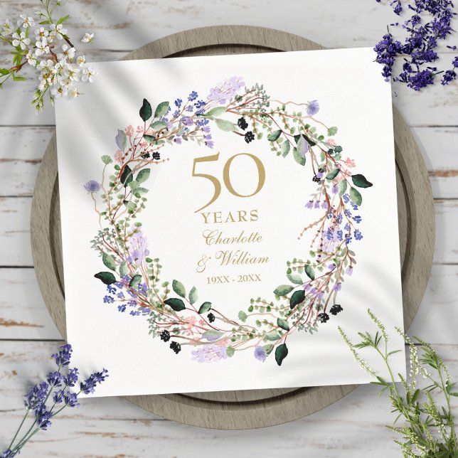 Guardanapo De Papel Guirlanda Floral de Lavanda para Bodas de Ouro 50  (Lavender Floral Garland 50th Wedding Anniversary Napkins)
