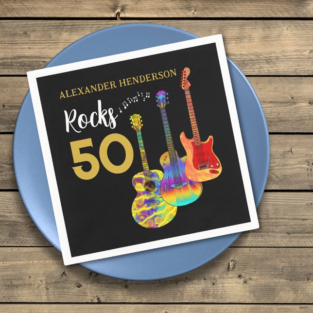 Guardanapo De Papel Guitar Rocks 50.º aniversário Personalizado (Rock and roll 50th birthday party custom napkin with add name rocks 50 colorful guitars)