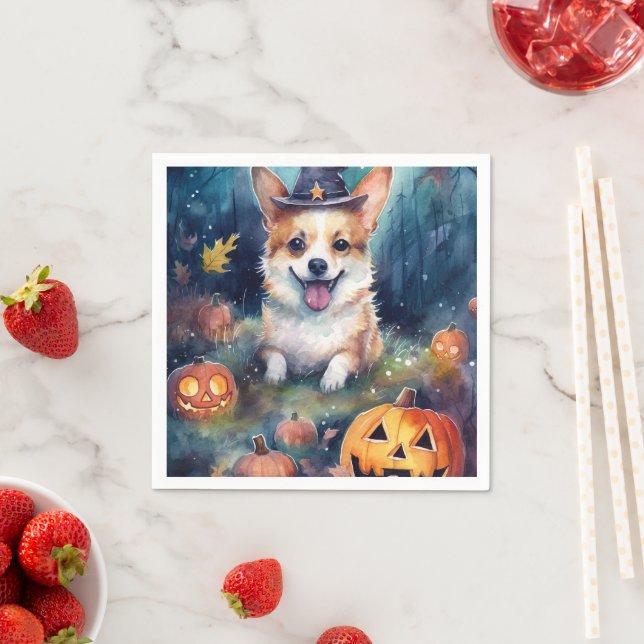 Guardanapo De Papel Halloween Corgi Com Pumpkins Assustado (Insitu)
