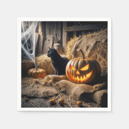 Guardanapo De Papel Halloween Jack-o-Lanterna e Gato em Barn