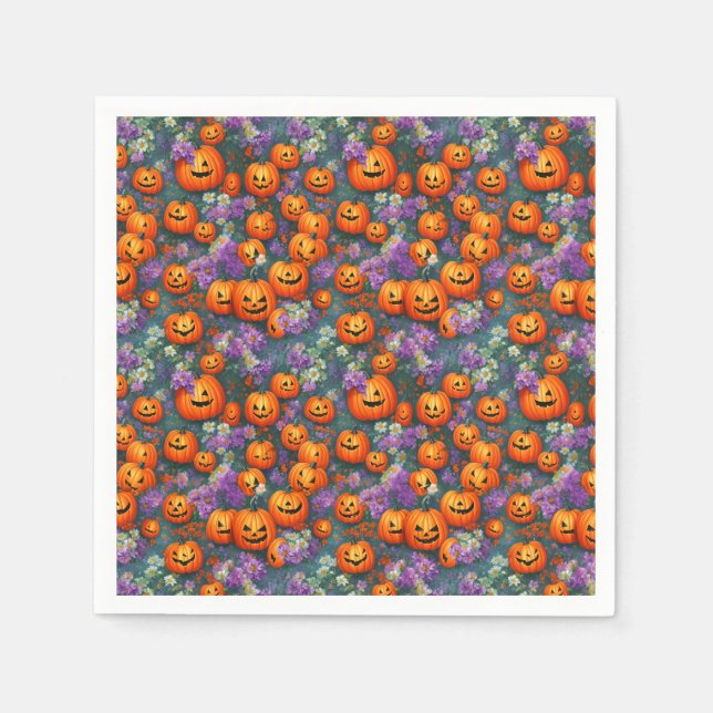 Guardanapo De Papel Halloween Jack-o-lanternas E Flores Roxas (Frente)