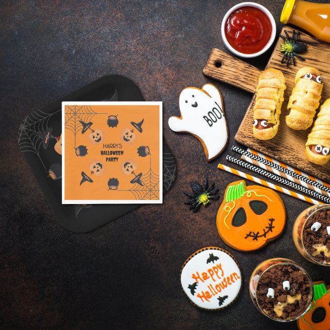 Guardanapo De Papel Halloween Laranja e Napkins Personalizado a Preto (Halloween Black & Orange Personalised Paper Napkins.)