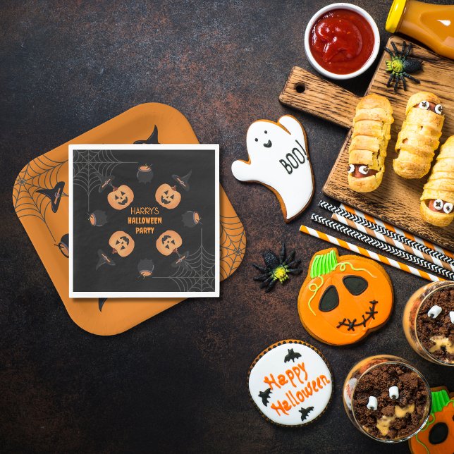 Guardanapo De Papel Halloween Laranja e Napkins Personalizado a Preto (Halloween Black & Orange Personalised Paper Napkins.)