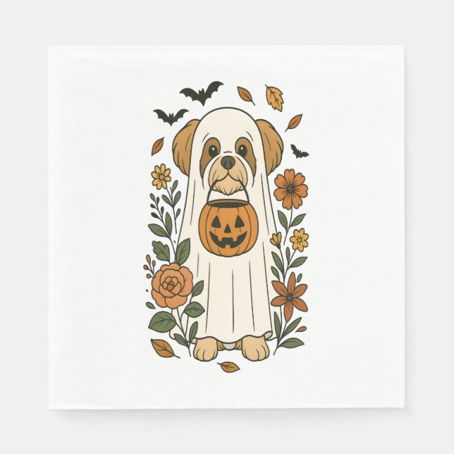 Guardanapo De Papel Halloween Shih Tzu com Flores de Queda (Frente)