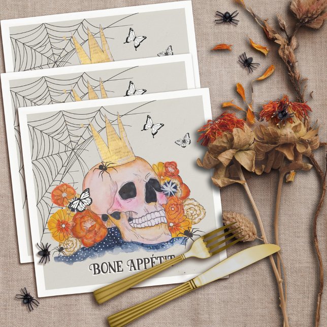 Guardanapo De Papel Halloween Skull Crown Butterfly Spider Dark Spooky (Spooky cottagecore Halloween skull and fall flowers original art by Malissa Melrose)