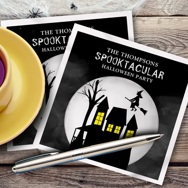 Guardanapo De Papel Halloween Spooktacular Spooky, Bruxa de Casa Assom (Whimsical flying witch and haunted house in the moonlight paper napkin,)