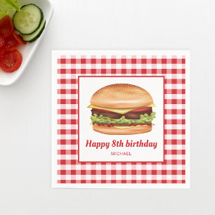 Guardanapo De Papel Hamburger Sobre Padrão Vermelho Gingham Feliz Aniv
