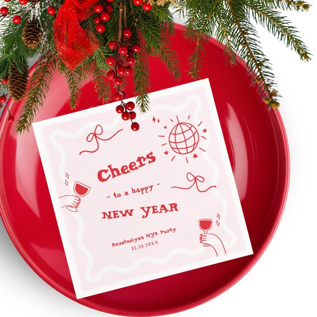 Guardanapo De Papel Hand Drawn Disco Pink and Red New Year's Eve Party (Criador carregado)