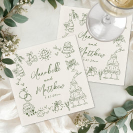 Guardanapo De Papel Hand Drawn Green Retro Wedding