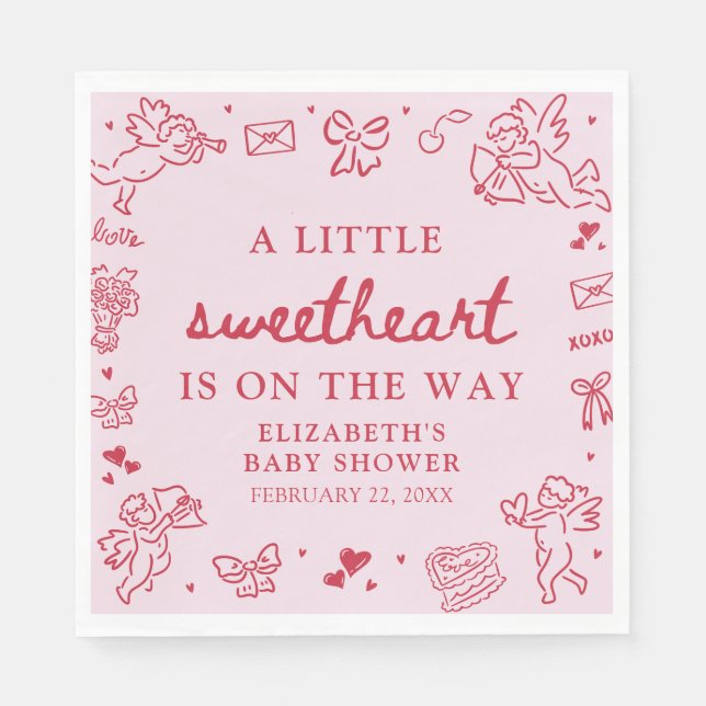 Guardanapo De Papel Hand Drawn Valentine Little Sweetheat Baby Shower (Frente)