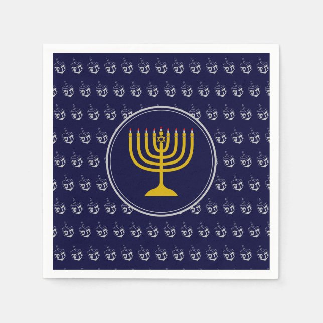 Guardanapo De Papel HANUKKAH Dreidel Menorah BLUE SILVER CINZA (Frente)